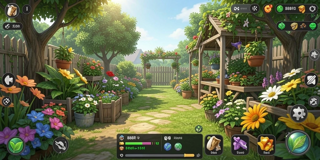 Tampilan gameplay 888R dengan ladang yang subur dan hewan yang lucu.