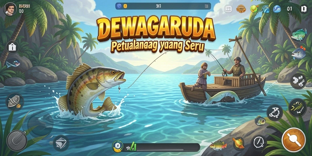 Tampilan utama gameplay DEWAGARUDA saat memancing di laut.