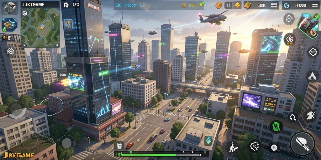 Tangkapan layar gameplay JKTGAME yang menunjukkan pembangunan kota yang dinamis.