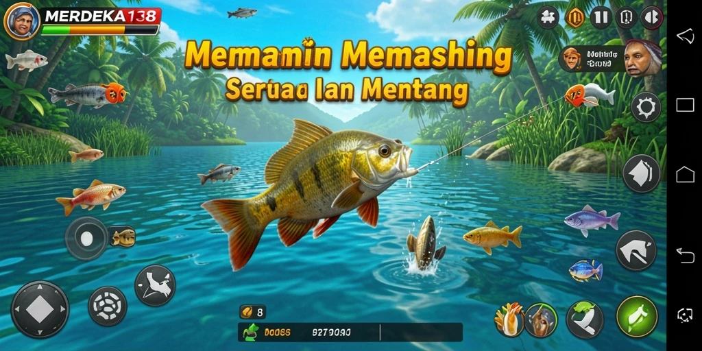 Screenshot gameplay MERDEKA138 menunjukkan aksi memancing yang mendebarkan.
