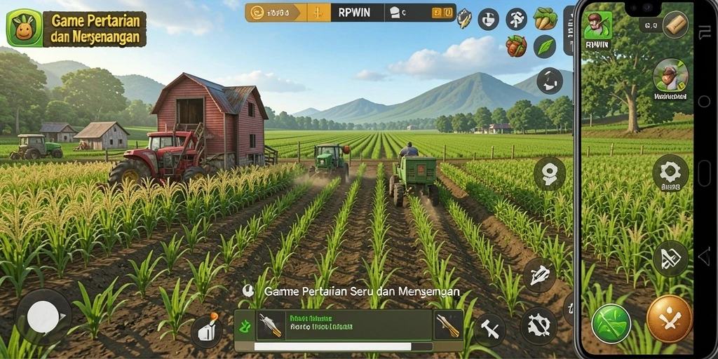 Screenshot gameplay RPWIN menunjukkan suasana pertanian yang hidup dan interaktif.