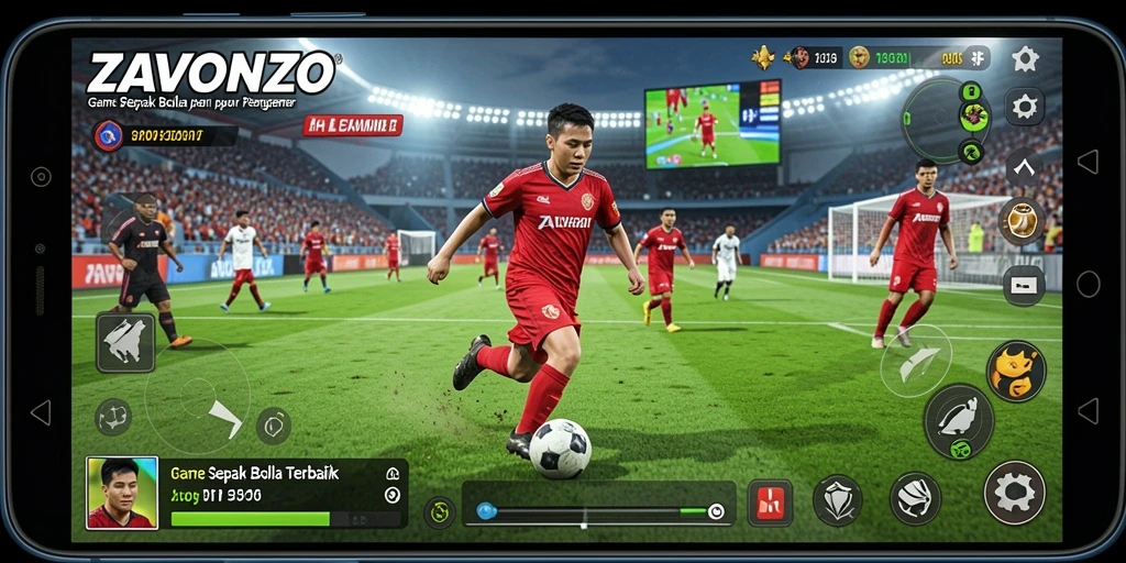Screenshot utama ZAVONZO menunjukkan aksi mendebarkan di lapangan sepak bola.